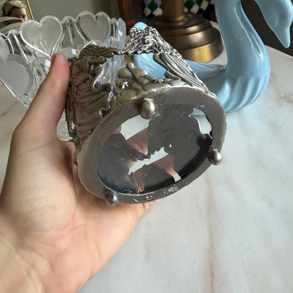 Vintage Angel Pewter Tone Metal Candle Sleeve‎ Jar Holder Celestial Decor